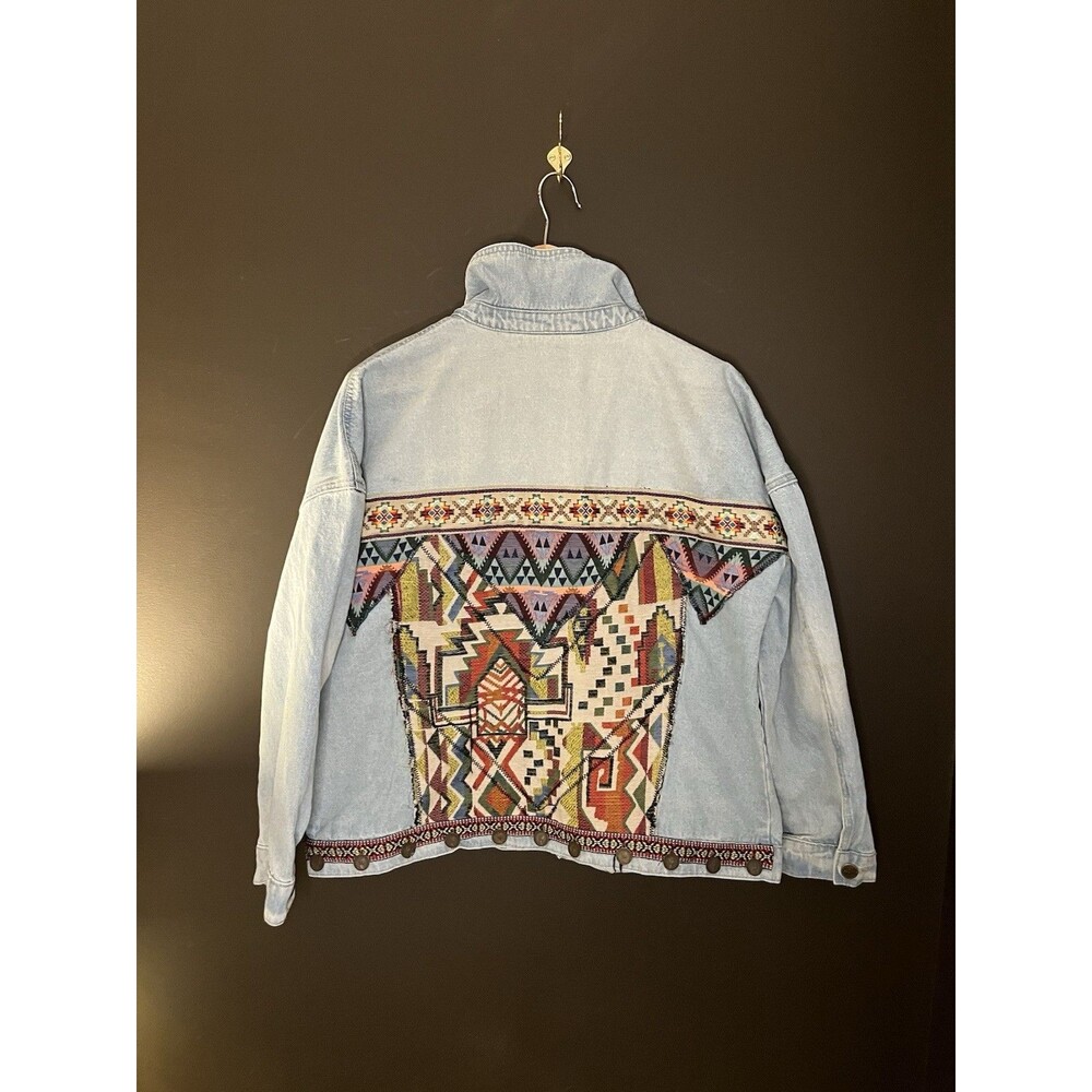 Midnight Velvet Denim Jacket Women’s XL Southwestern Tapestry Coin Trim Boho